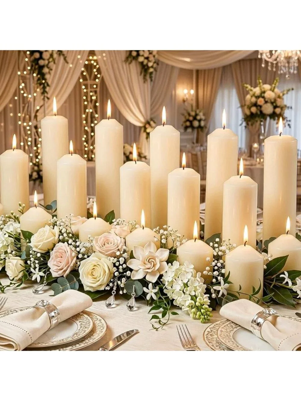 Ivory Unscented Pillar Candles Set of 36 - 2x2.9, 2x5.9, 2x7.9 Inch Bulk Decor